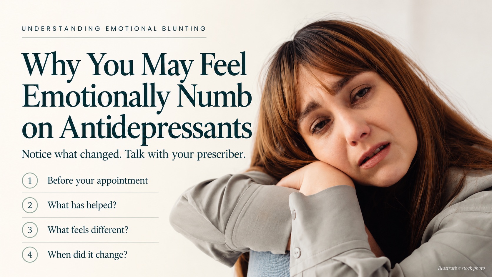A woman resting her head on her arms beside the title Why You May Feel Emotionally Numb on Antidepressants