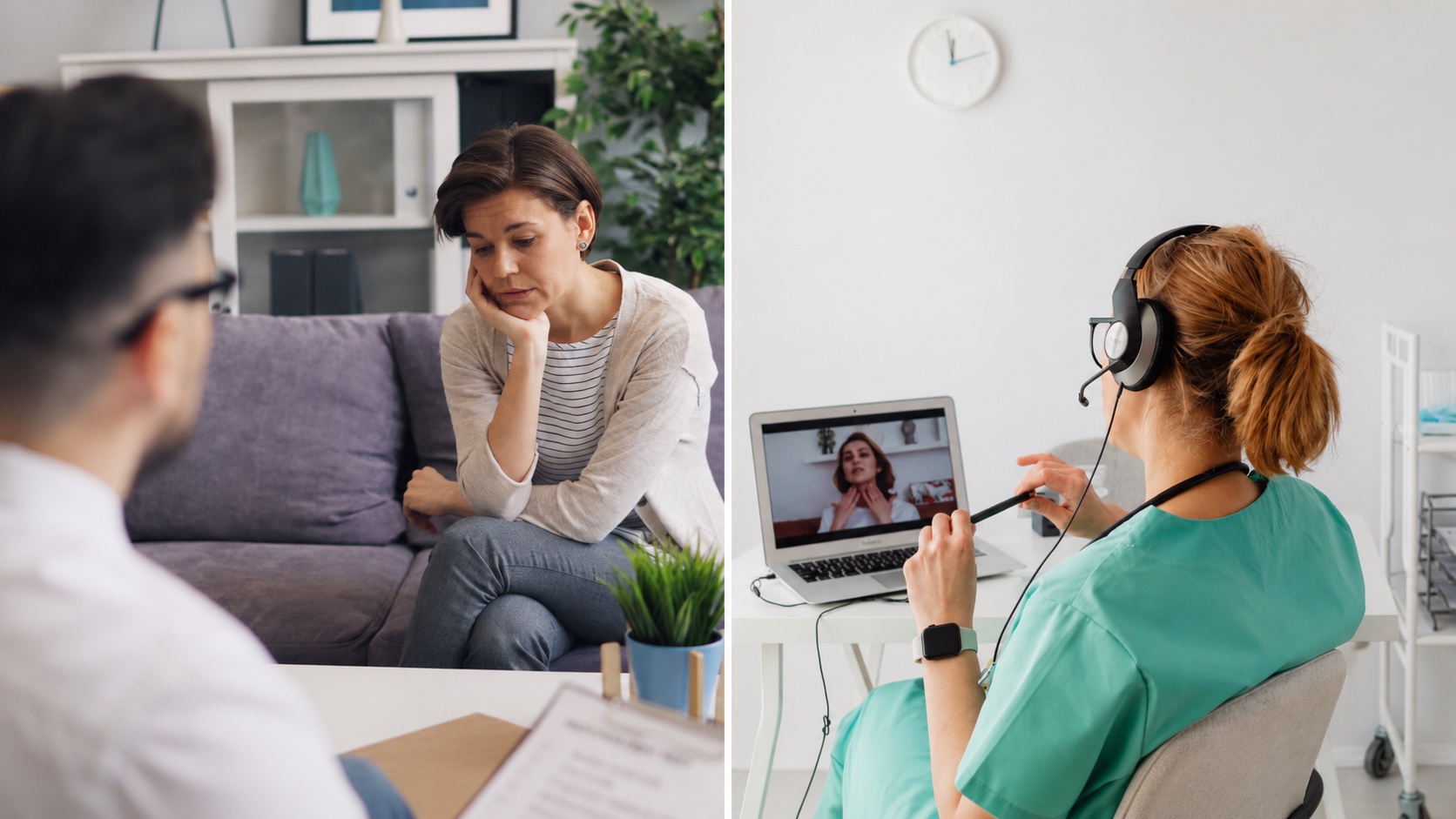 An in-person therapy session alongside a clinician holding a video visit